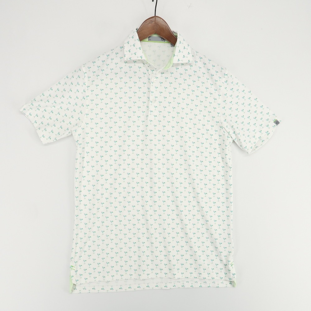 Tasc Performance Polo Shirt Mens Small White Martini Cocktail Print Short Sleeve